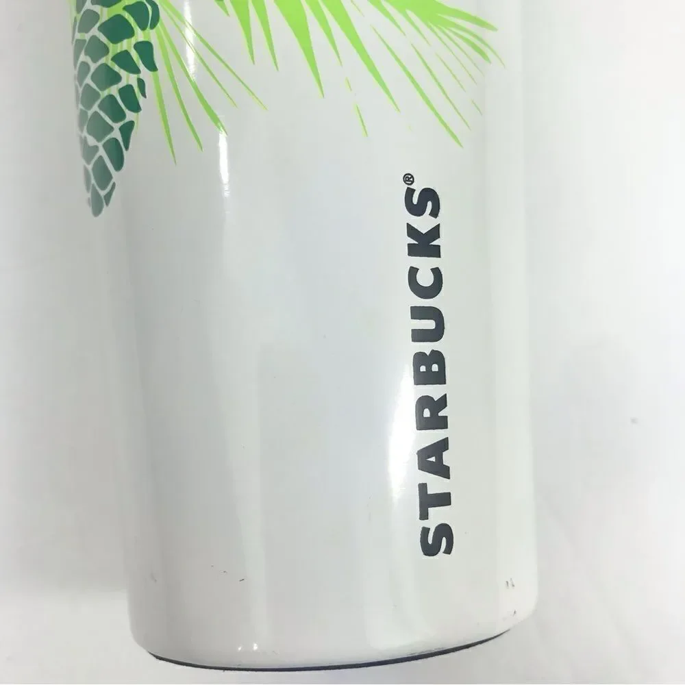 Starbucks White Travel Tumbler Green and Blue Pine Cone and Branch Design